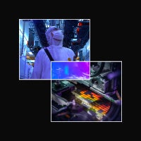 A blended image of a technician in a clean suit in the upper left with a brightly colored fab in the lower-right