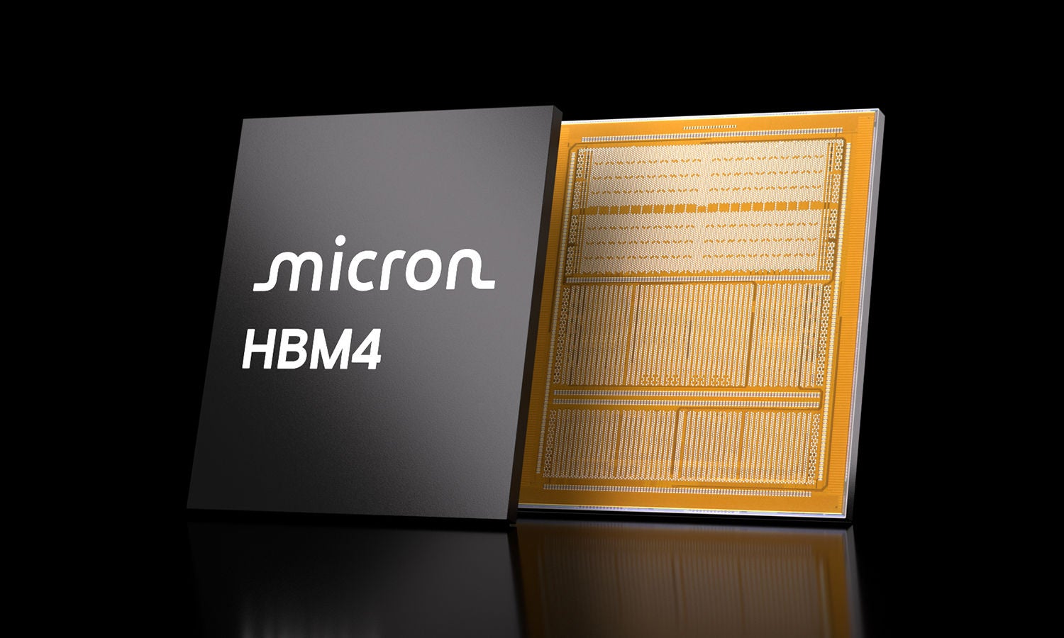 Micron HBM4 memory chip with exposed circuitry on black background​
